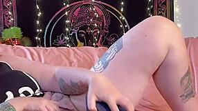 Watch juices drip as huge dildo stretches my hairy pussy wide