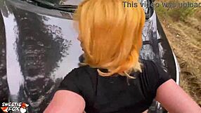 sexy redhead babe deepthroats big cock then takes doggy creampie in forest