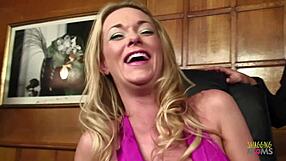 picture this blonde milf secretary in lingerie stockings diving muffs and sucking boss cocks with her big fake tits