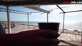 damn nudist babe jessijek seduces beach barman rides his monster cock cowgirl in public creampie cumshot