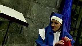 Naughty nun Angel Long dominates Katie K with anal fingering cum fuck