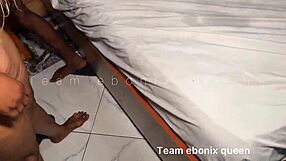 Big cocked ebony mommy and petite stepdaughter bent over for doggystyle banging with natural tits bouncing