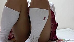 hey check rumina sena's tanned jugs bursting from that tiny uniform skirt with thong cameltoe