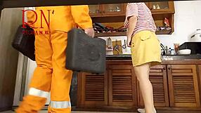 cheating housewife tempts plumber while cuck hubby watches in kitchen