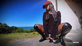 Hot Latina sneaks beach blowjob on boyfriend while friend watches her gag on cock