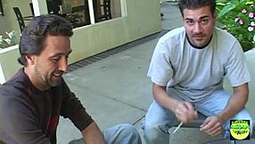 Innocent asian girl smokes while sucking two cocks outdoors