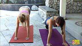 outdoor yoga turns to pussy licking orgasm for lusty blondes