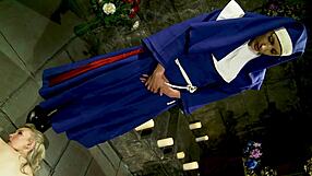 Naughty nun Angel Long dominates Katie K with anal fingering cum fuck