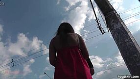 Bus stop upskirt reveals cute skirt and dress tease