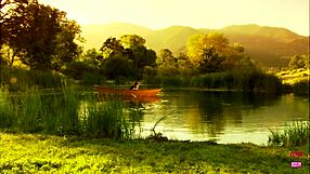 lovely couple bangs wildly outdoors on small boat in lake middle