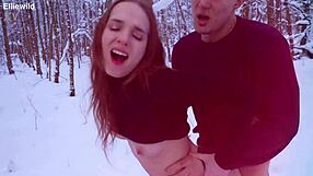Winter forest walk turns into my pussy overflowing with cum from muscular neighbor's monster cock