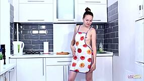 chipper brunette teen in red panties masturbates hairy pussy on kitchen counter