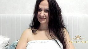 damn horny brunette milf angela strokes her huge saggy tits hairy pussy clit post shower craving young cock!!
