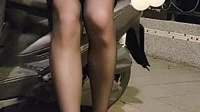 Shemale Ting Xuan Office Lady in Heels and Stockings Plays with Love Egg Outdoors