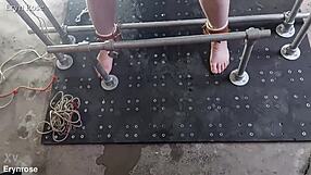 Bound slave in metal restraints begs desperately for pussy orgasm release!