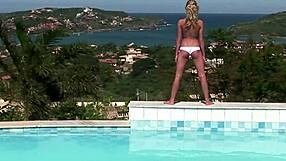 flexible cute blonde teen licks shaved pussy before big cock stretches her tight holes poolside