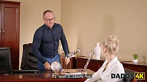 Naomi loves the job offer so she teases the boss with her big natural tits shaved pussy and long legs