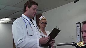 sexy blonde nurse with glasses offers all her holes to doctor after patient care