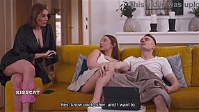 step mom catches amber bloom jerking step bro spanks her doggy style on couch