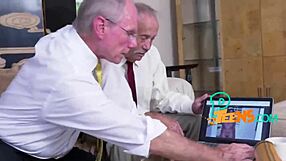 Why does kinky grandpa bang that lovely shaved teen so hard from behind?