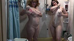 Stepmom and Stepdaughter Shower Nude Teasing Wet Pussies Together