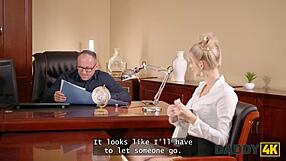 Naomi loves the job offer so she teases the boss with her big natural tits shaved pussy and long legs