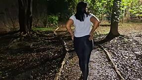 Hot morena bares hairy pussy in public square for creamy mouth letdown.