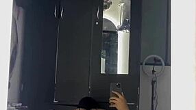 Curvy neighbor watches video then fucks before bathroom mirror