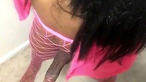 BLACK SHEMALE TGIRL SWINGS HUGE COCK IN PINK GETTING NASTY ORGASM!