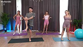fitness trainer bends over two athletic teens for cowgirl creampie threesome