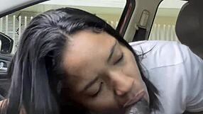 uber driver gets paid with deepthroat blowjob face fucking from curvy brunette amateur couple car public