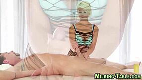 Masseuse Babe in Lingerie and Heels Gets Gloryhole Cumshot Covering Her Pretty Face and Tits!