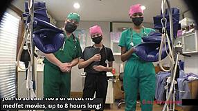 imagine masked latex nurse in gloves at hospital desk giving ebony teen patient fetish exam