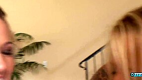 Blonde sucks one cock deep while riding another in her shaved pussy threesome