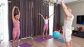 fitness trainer bends over two athletic teens for cowgirl creampie threesome
