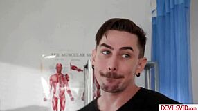 husband stares as doctor pounds his wife's hairy pussy hard