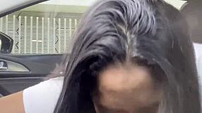uber driver gets paid with deepthroat blowjob face fucking from curvy brunette amateur couple car public