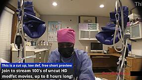 imagine masked latex nurse in gloves at hospital desk giving ebony teen patient fetish exam