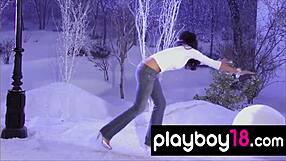 Sasckya Porto Strips Big Tits on Snowy Bench