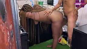 Chubby Ebony Bent Over Kitchen Counter for Black Doggystyle Pounding