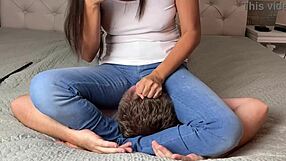 Tight jeans goddess facesits slave in femdom wrestling domination