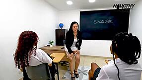 Kinky Teacher Lures Curvy Lesbian Students into Dildo Play
