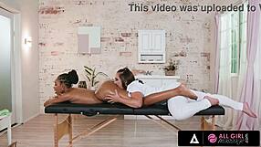 Hot masseuse face fucked by client's wet pussy then intense scissoring!