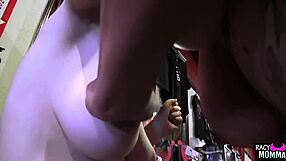 stockinged busty stepmom fingers her wet pussy before toying hard