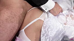 Frustrated bride in white dress nylons begs church quickie doggystyle cum facial!