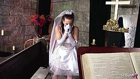 Frustrated bride in white dress nylons begs church quickie doggystyle cum facial!