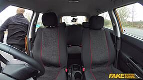 slutty big tits ex-con bbw grabs teacher's cock in fake driving school car for public cumshot blowjob