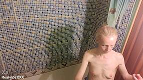 A SHORT GUY LICKS and FUCKS TALL SKINNY MATURE in bathroom!