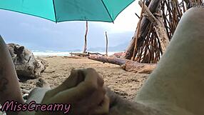 misscreamy handjobs cock during stormy public beach sex