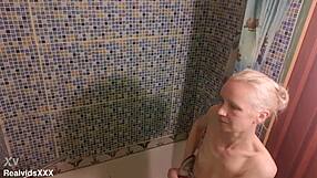 A SHORT GUY LICKS and FUCKS TALL SKINNY MATURE in bathroom!